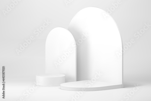 White 3d curved podium semicircle pedestal with wall background for product show vector