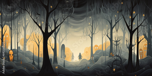 a haunted forest with animated trees, giggling ghosts, and curious critters. 