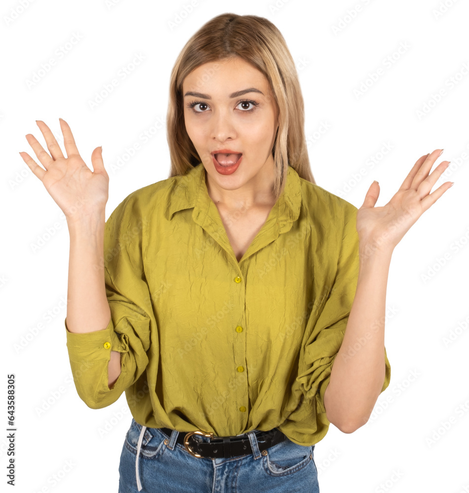 Surprised woman, photo of young blonde caucasian surprised woman. Lady 20s wearing green shirt spread hand say awesome, shocked, wow. Studio shot, lifestyle concept. Transparent png background. Surprised woman, photo of young blonde caucasian surprised woman. Lady 20s wearing green shirt spread hand say awesome, shocked, wow. Studio shot, lifestyle concept. Transparent png background.