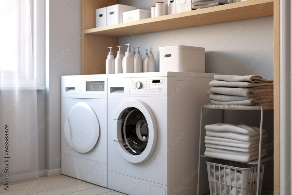 Interior of a bright modern laundry room, with washing machine and dryer. - obrazy, fototapety, plakaty 