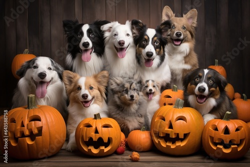 On a crisp autumn night, a pack of playful pups frolic around an indoor space, adorned with colorful pumpkins, gourds, and squash, in celebration of the beloved halloween holiday photo