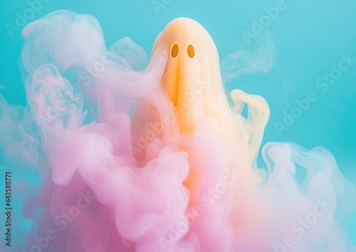 On a dark and chilly halloween night, a ghostly figure appears in a plume of pastel pink smoke, hovering over a pumpkin-shaped jack-o'-lantern in a vibrant autumnal landscape with mysterious creature