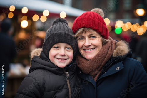 Portrait of a happy smiling grandmother and grandson in winter clothes at Christmas market.