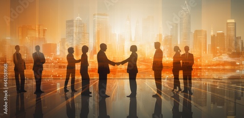 Business people with silhouette of the city against the background and hands shaking