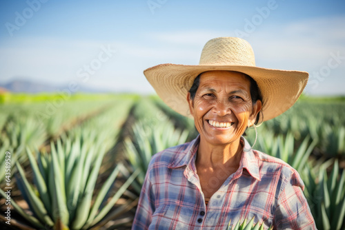 Portrait of a smiling hispanic woman working on a plantation of aloe vera barbadensis miller in Mexico