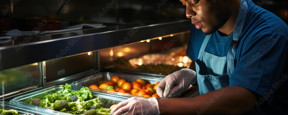 Dedicated sous-chef adeptly ensuring food safety in commercial kitchen, maintaining temperature of refrigerated goods with precision and care. - obrazy, fototapety, plakaty 