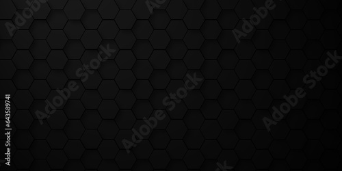 Background of abstract black 3d hexagon background design a dark honeycomb grid pattern. Abstract octagons dark 3d background.Black geometric background for design.