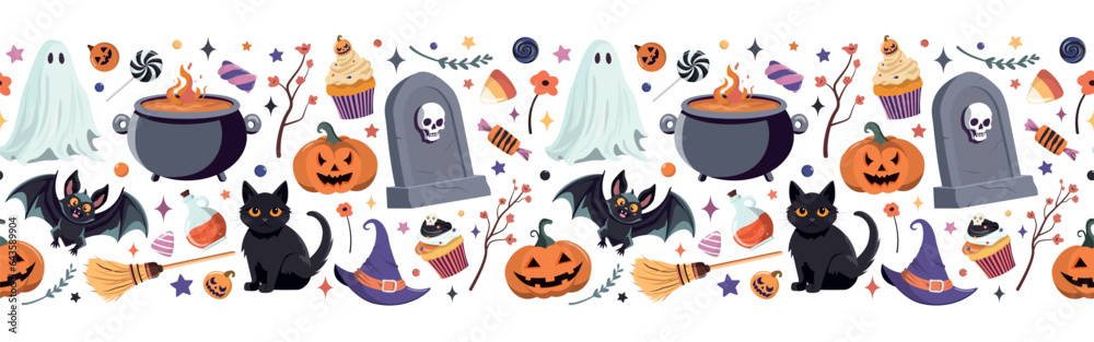 Halloween seamless border. Hand drawn festive Halloween illustration. Isolated on white background. Background for autumn holiday decorative design.