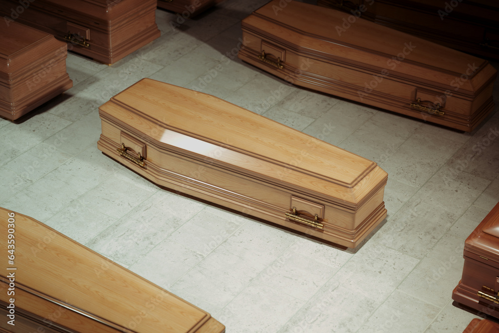 Mysterious warehouse with rows of wooden coffins. Closed casket. Burial.