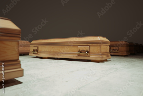 Mysterious warehouse with rows of wooden coffins. Closed casket. Burial.