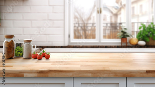 Scandinavian white minimalistic simple kitchen with fresh cherry red tomatoes room with a window cutlery background modern trendy house dining room with wooden table product montage mockup placement.