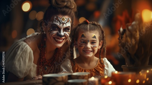 Happy family decorated for Halloween  A young mother and her daughter celebrate the holidays in carnival costumes.