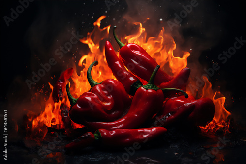 red peppers isolated dark burn in fire , fire turmoil, hyper realistic, beautiful dreamy light. create using generative AI tools