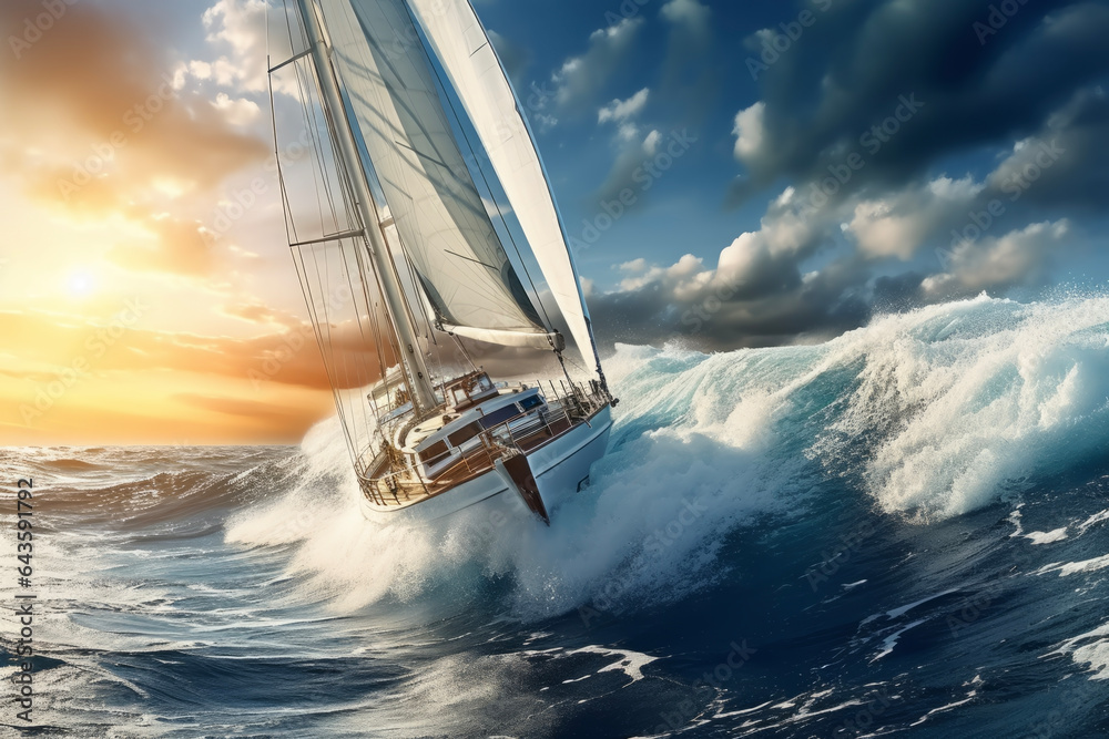 A close -up shot of a gorgeous yacht that sails a large wavy sea. The background of the beautiful sky and the red light of the sunset. A success concept suitable for sports and vehicles. - obrazy, fototapety, plakaty 