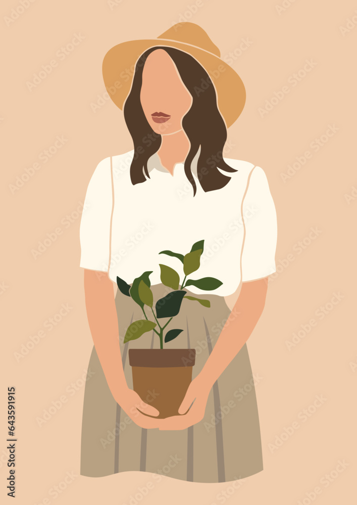 trendy abstract boho woman with a plant portrait, cute, beautiful girl gardening, plant lady, isolated vector illustration, summer cottagecore poster trendy abstract boho woman with a plant portrait, cute, beautiful girl gardening, plant lady, isolated vector illustration, summer cottagecore poster