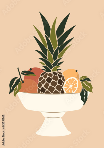 vase of tropical fruits, trendy abstract boho summer art, isolated vector illustration, cottagecore style print 