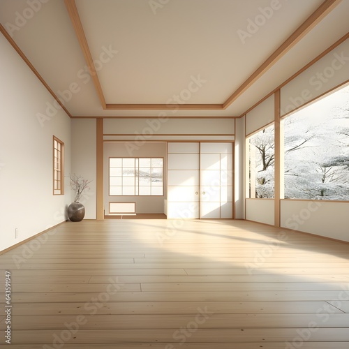 Japanese traditional style living room with sofa and cabinet against white wall, minimalist, wooden furniture, Asian culture, peaceful, plants, eco 