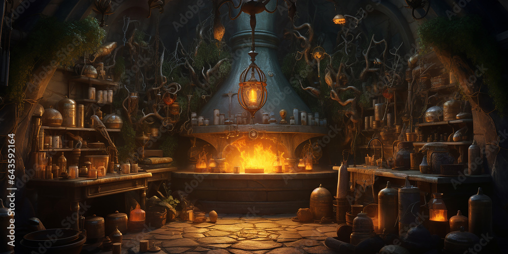 a witch's lair with bubbling cauldrons, potion ingredients, and magical artifacts.  - obrazy, fototapety, plakaty 
