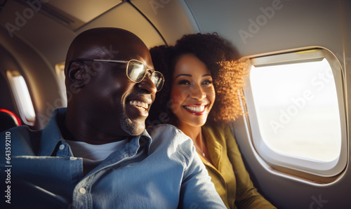 Happy smiling black couple is flying in an airplane in first class, travel relax and recharge