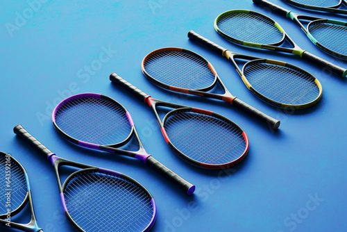 Professional tennis racquets in various colors. Blue background. Game equipment.