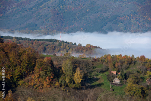 Misty morning haze in the valley in the autumn