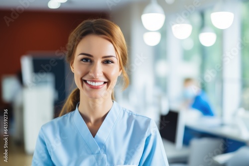 Female portrait of a smiling australian dentist in the background of a dental office.