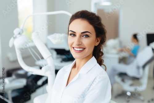 Female portrait of a smiling Argentine dentist in the background of a dental office.