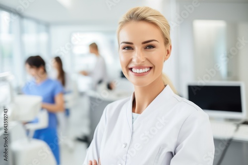 Female portrait of a smiling austrian dentist in the background of a dental office.