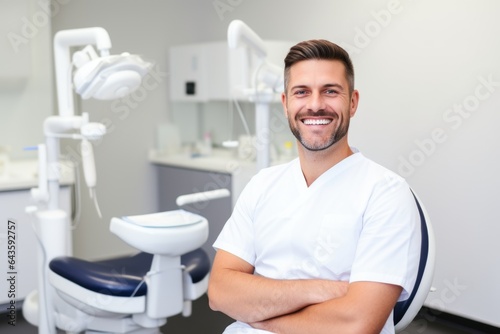 Male portrait of a smiling austrian dentist against the background of a dental office.