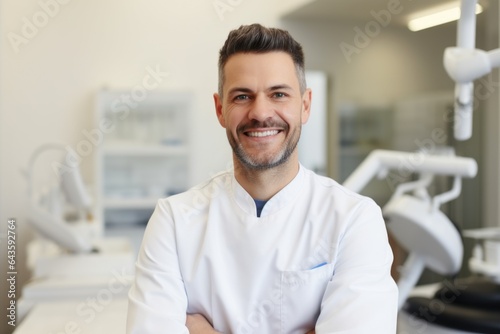 Male portrait of english smiling dentist doctor on background of dental office.