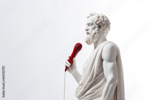 Concept of public speaking. Sculpture of Demosthenes with a red microphone on a white background. photo