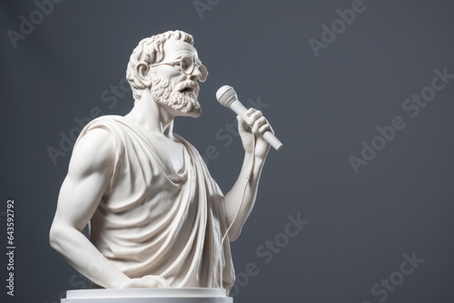 Concept of public speaking. White sculpture of Demosthenes in glasses with microphone on dark gray background. photo