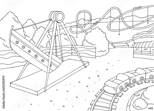 Amusement park landscape graphic black white sketch illustration vector 