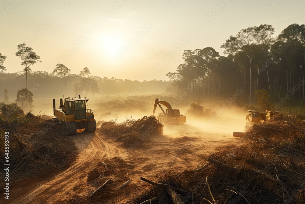 Deforestation, forest being clearcut with logging machinery. Negative