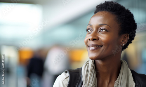 Happy smiling black skin female traveler in airport, Woman at the sitting at the terminal waiting for her flight in boarding lounge.