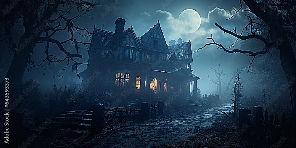 spooky haunted house background with misty surroundings and eerie lighting