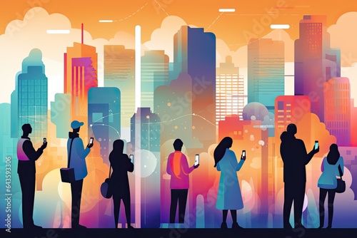 Social Media Day. A group of diverse people holding smartphones and engaging with social media content with vibrant cityscape on background. Global reach of social media platforms. Generative AI.