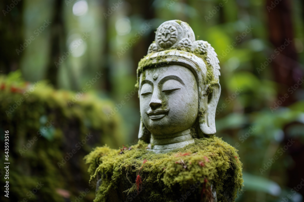 The statue of Buddha in rainforest covered with moss