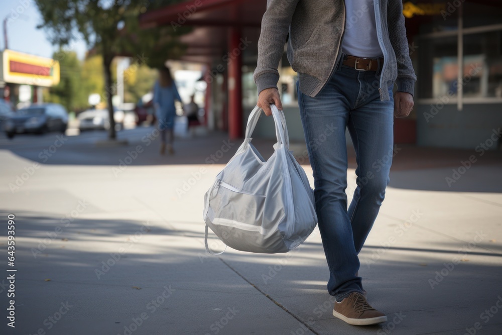 Obraz premium A man walks through the city with a bag in his hand.