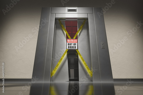 Out of order warning sign in front of a broken elevator door opened.