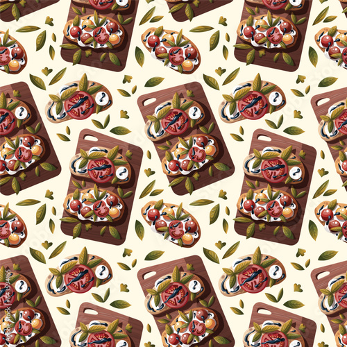 Seamless pattern with Italian bruschetta. Toasted bread with tomatoes, cheese, basil, balsamic vinegar. Italian food, healthy eating, cooking, recipes, restaurant menu concept. Vector illustration.