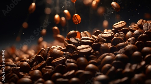 Flying coffee beans background. poster of brown coffee beans close up. Close up coffee grain background