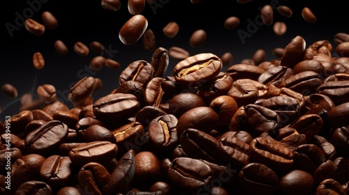 Flying coffee beans background. poster of brown coffee beans close up. Close up coffee grain background