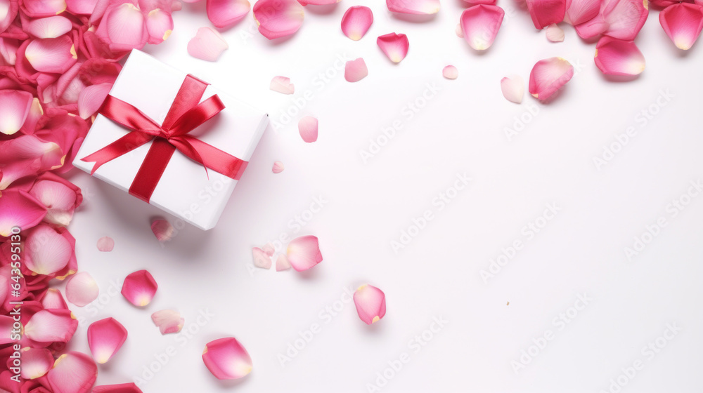 Valentine's Day white background with pink petals rose with gift box top view lay flat