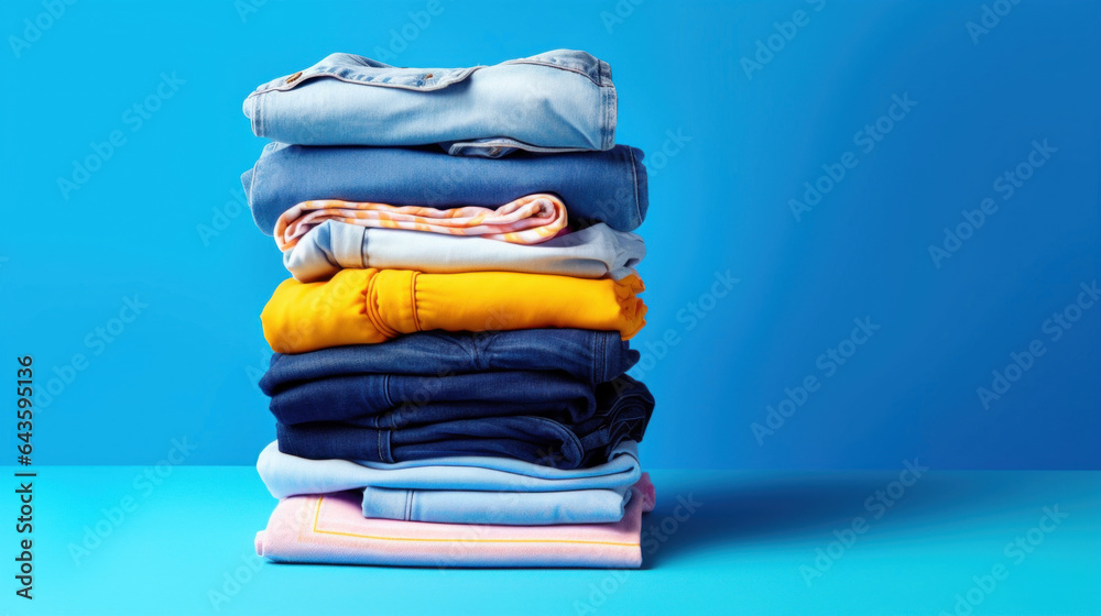 Stack folded colorful summer clothes on blue background - obrazy, fototapety, plakaty 