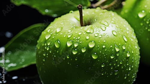 Fresh and juicy green apples. Background on the desktop. Closeup food photography