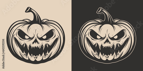 Set of scary spooky boo Halloween pumpkin lantern monster. Traditional autumn october american holiday symbol. Graphic Art. Vector