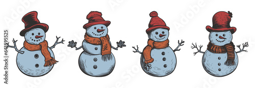 Set of vintage retro snowman snowflakes character with hat and carrot and scarf. Merry christmas xmas new year holiday halloween poster. Graphic Art. Engraving vector illustration