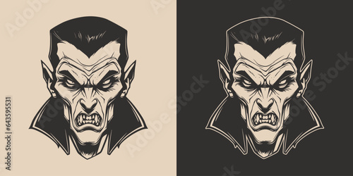 Vintage retro Halloween vampire dracula character face portrait. spooky scary horror element. Monochrome Graphic Art. Vector. Hand drawn element in engraving. photo