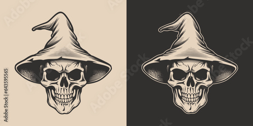 Vintage retro Halloween witch skull wisard in hat. Monochrome Graphic Art. Vector. Hand drawn element in engraving. style